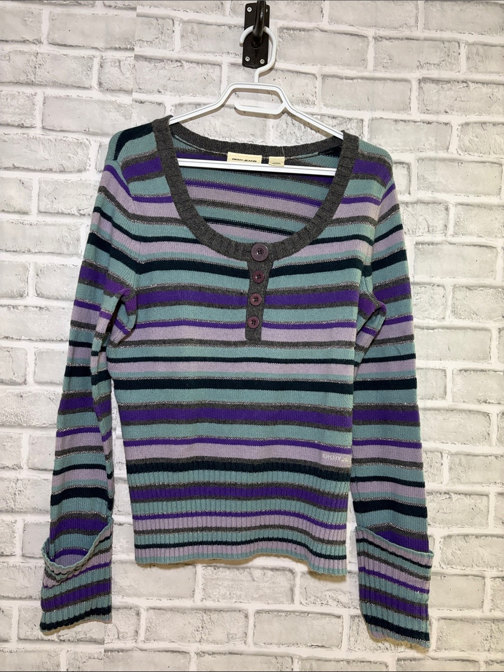 DKNY Jeans Scoop-Neck Striped Sweater in Lavender, Teal & Charcoal, Medium